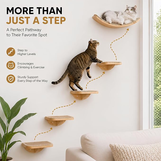 Wall Mounted Cat Steps 2 Pack – Square Wood Cats Shelves with Felt Cushions for Climbing, Jumping & Resting
