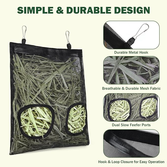 Mesh Guinea Pig Hay Feeder Bag for Guinea Pigs Rabbits Chinchillas, Hanging 2-Hole Hay Dispenser Breathable Wear-Resistant (Black)
