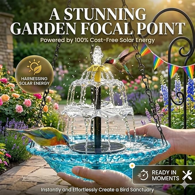 Solar Hanging Bird Bath Fountain, 2026 New 3 Layers Solar Powered Bird Bath Fountain, Outdoor Humming Birds Cascade Baths Fountains, Garden Patio Yard Backyard Lawn Decor (Pink)