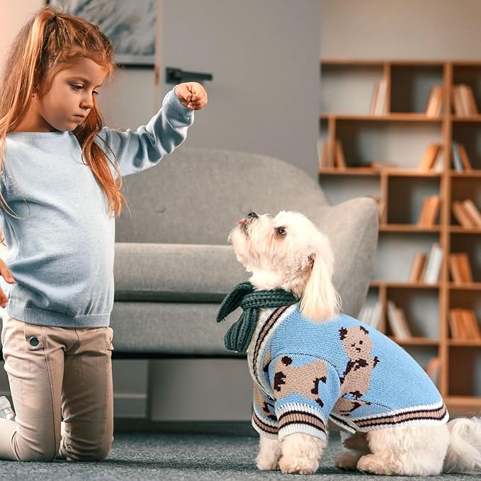 ABRRLO Small Dog Sweaters Cute Bear Dog Cardigans Clothes for Small Medium Dogs Boy Girl Puppy Cat Knitting Cardigan Outfits Dogs Winter Coats Warm Pet Doggy Clothes Soft Knitwear Apparel (Blue,S)