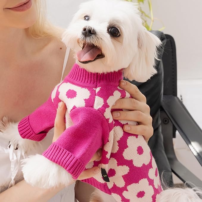 Fitwarm Floral Dog Sweater, Thermal Dog Sweatshirt, Dog Winter Clothes for Small Dogs Girl, Doggy Pullover Jumper, Pet Outfit, Hot Pink, White, Medium