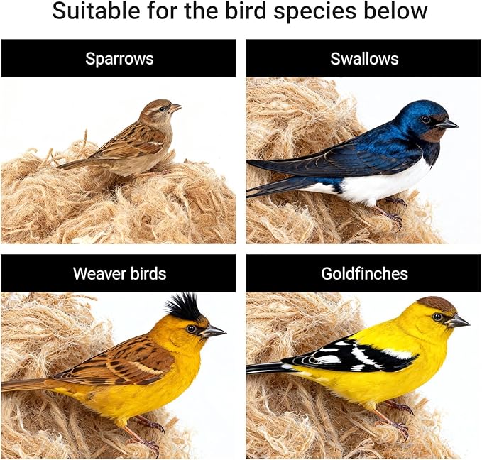 Natural Bird Nesting Materials, 4 Kinds Mixed Fibers (Jute, Hemp, Cotton, Grass), Professional Ratio Safe Nesting Pads for Budgies, Parrots, Finches, Canaries & Other Small Birds (100g/3.5oz)