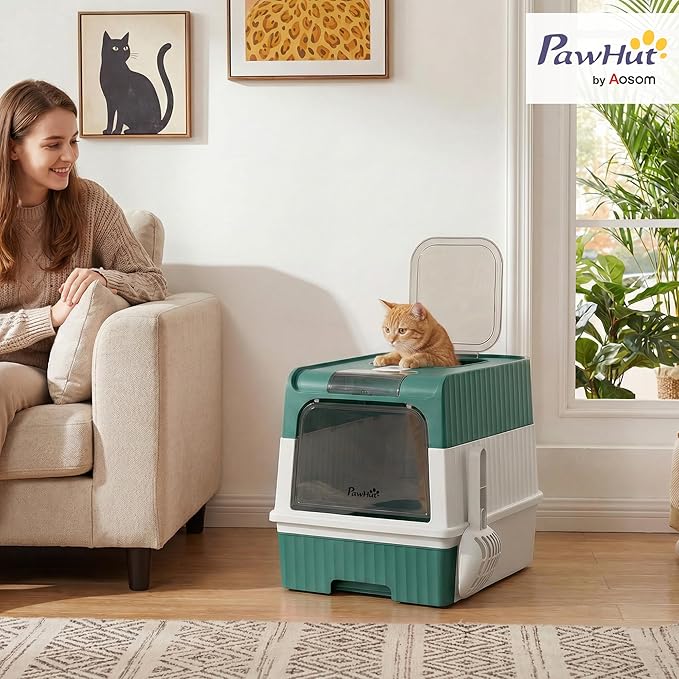 PawHut Cat Litter Box with Lid, Hooded Cat Litter Box with Pull-Out Drawer Tray, Scoop, Front Entry & Top Exit, 4 Deodorization Bags, Easy to Clean, Teal