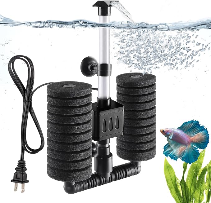 AQQA Electric Sponge Filter for Aquariums, Dual Bio & Mechanical Filtration | 5W 50 GPH Quiet Water Pump with Oxygenation & Water Circulation for 10-40 Gallon Freshwater & Saltwater Fish Tanks