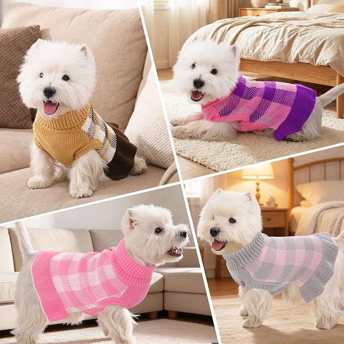 Dog Sweater Dress Plaid Knitwear for Small Medium Dogs Warm Puppy Pet Turtleneck Stretch Pullover Cute Fall Winter Vest Clothes with Leash Hole for Christmas (Grey, S)