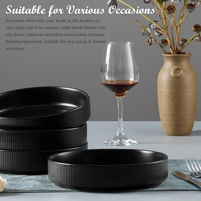 E-far Pasta Bowls Set of 4, 35oz Large Salad Bowl Plate for Dinner Serving Soup, Wide & Shallow Ceramic Stoneware Pasta Plates, Microwave & Dishwasher Safe, Reactive Glaze Texture-Stripe, Matte Black