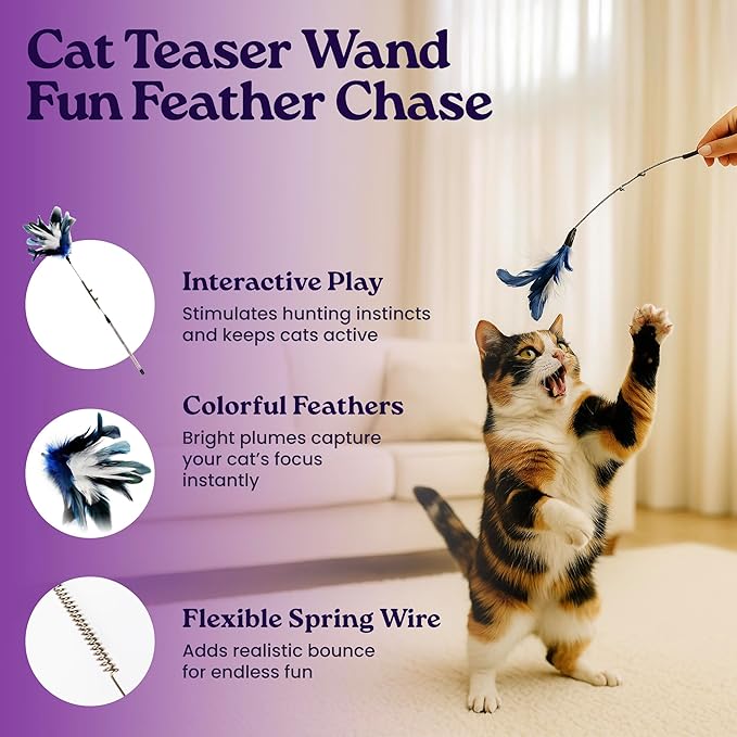 Cat Care Grooming Kit 6 in 1, Include: Nail Clipper, Brush for Shedding, Wand Toy, Interactive Ball Toy, Bath Brush, Ear Cleaner Finger Wipes (30ct.), Cat Grooming Supplies