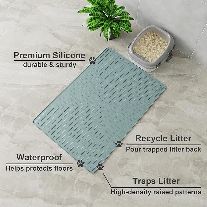 OHMO Cat Litter Mat XXL Trapping Mat Premium Silicone Rubber 37.5x25.2 Light Blue, Waterproof and BPA Free Kitty Litter Box Mat, Easy Clean and Keeps the Floor Tidy