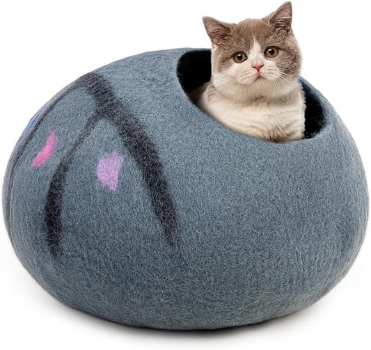 Woolygon Premium Felt Cat Cave Bed – Wool Kitty Beds Handcrafted Kitten Caves Bed for Indoor Cats - Made from Merino Wool, Foldable Cat Hideaway Covered Cat House Pod (Enchanted)
