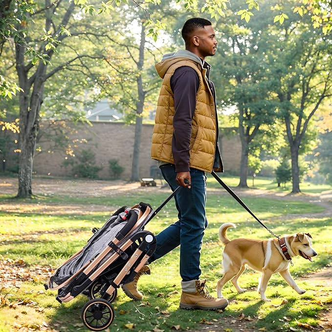 Dog Stroller for Max 45 lbs Dogs - 3 in 1 Pet Stroller with Detachable Storage Basket 4 All-Terrain Rubber Wheels Pull Rod Durable Travel Carrier for Medium Dogs 2 Small Cats (Grey)