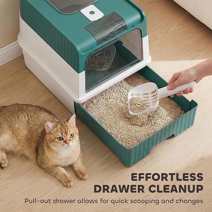 PawHut Cat Litter Box with Lid, Hooded Cat Litter Box with Pull-Out Drawer Tray, Scoop, Front Entry & Top Exit, 4 Deodorization Bags, Easy to Clean, Teal