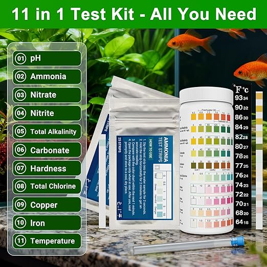 11 in 1 Aquarium Test Strips Kit | Aquarium Ammonia Test Strips | 150 Strips | Quick Accurate Freshwater&Saltwater Fish Tank Water Test Kit for Ammonia,pH,Nitrate,Nitrite,Hardness,Chlorine,Carbonate