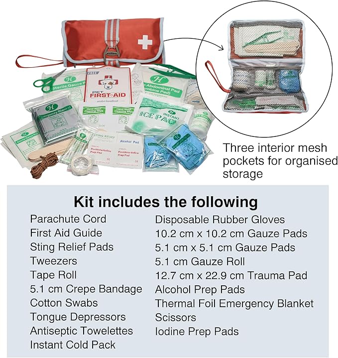 Kurgo Dog First Aid Kit - Emergency Care for Dogs on Hikes & Travel - Includes Dog First Aid Guide - 50 Pieces - Durable Oxford Fabric - Compact Travel Aid Kit