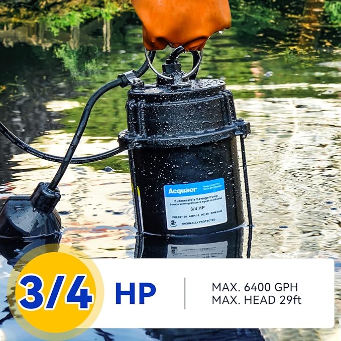 Acquaer Sewage Pump, Cast Iron, Automatic Tethered Float Switch, Sewage Effluent Pump for Sump Basin, Basement, Residential Sewage, 2'' NPT Discharge, Dark