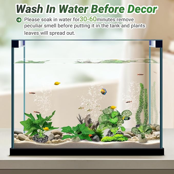 GOZILLA Silk Fish Tank Plants,Reptile Artificial Plant,Reptile Plants for Terrarium,Aquarium Decorations Accessories Set,Resin Pedestal Silk Aquarium Plant for Fish Tank.(4PCS/B-Set)