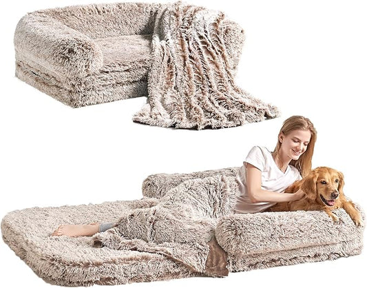 EHEYCIGA Foldable Human Dog Bed, 72"x44"x11" Orthopedic Memory Foam Human Sized Dog Bed, Waterproof Pet Bed for People, Faux Fur Pet Couch for Adult with Non-Slip Bottom, Faded Brown