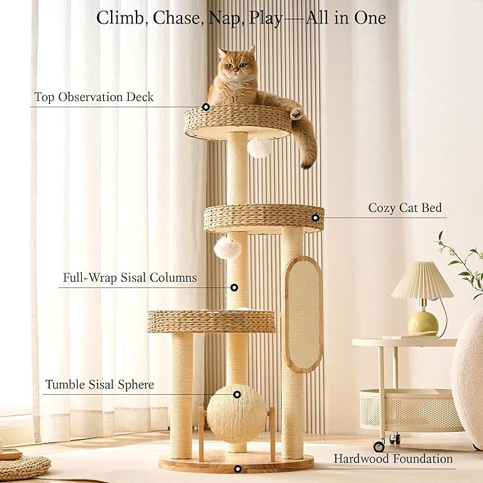 797Audio Wood Modern Cat Tree for Large Cat, 47" Tall Cat Tower with Scratching Posts, Cat Beds, Aesthetic Multi-Level Cat Climbing Tree with Hand-Woven Bed for Adult Indoor Cats
