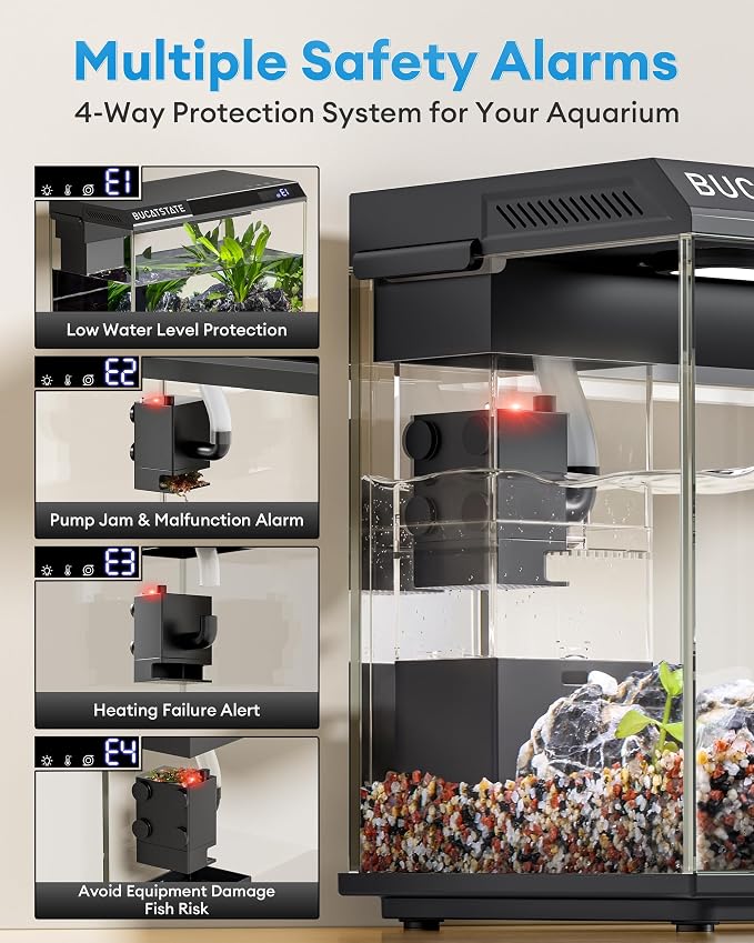 BUCATSTATE 2.6 Gallon Small Fish Tank, 3 Stage Filtration Aquarium (Black) | Independent Waste Compartment Aquarium, Quiet 3 in 1 Pump, Real-Time Temp Display, 8-Mode LED Light, Multi Safety Protection