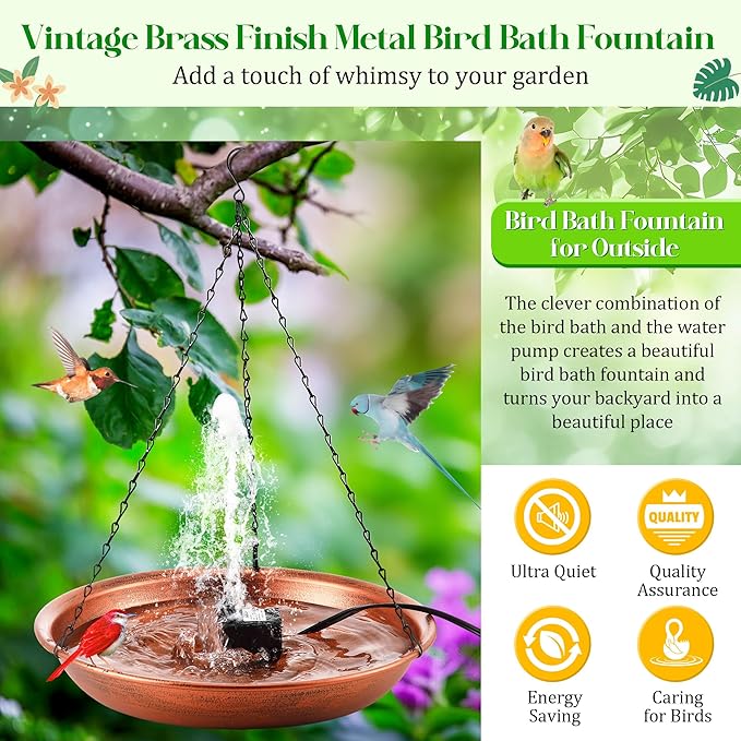 24.8 Extra Large Hanging Bird Bath with 8W Fountain Pump, 14" Copper Metal Bird Bath Bowl with Adjustable 3 Water Flow Modes and 2 Spray Nozzles, Birdbath Feeder for Outdoor Garden Backyard Patio Lawn