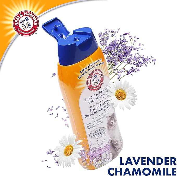 Arm & Hammer 2-in-1 Deodorizing & Dander Reducing Shampoo for Cats, Baking Soda Cat Shampoo for Dander, Odor Control and Coat Cleaning, Lavender Chamomile Scent, 20 Fl Oz - 6 Pack