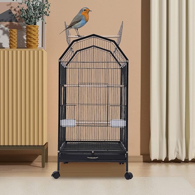 Bird Cage 40-Inch Metal Pet Bird Flight Cage with Play Open Top and Rolling Stand, Large Finch Bird Cage with Anti-Escape Door for Conure Canary Parekette Macaw Cockatoo Budgie Cockatiels Parrot
