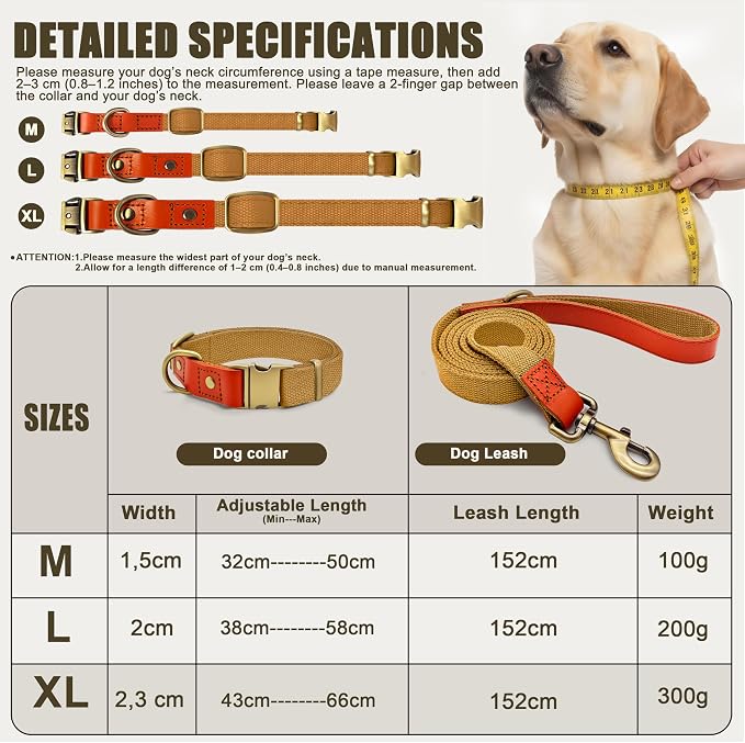 Nylon Dog Leash and Collar Set with Metal Quick Release Buckle, Adjustable, Durable High-Density Fabric, Breathable, Soft and Comfortable, No Pull for Walking and Training, Khaki, XL (16.9"-26")