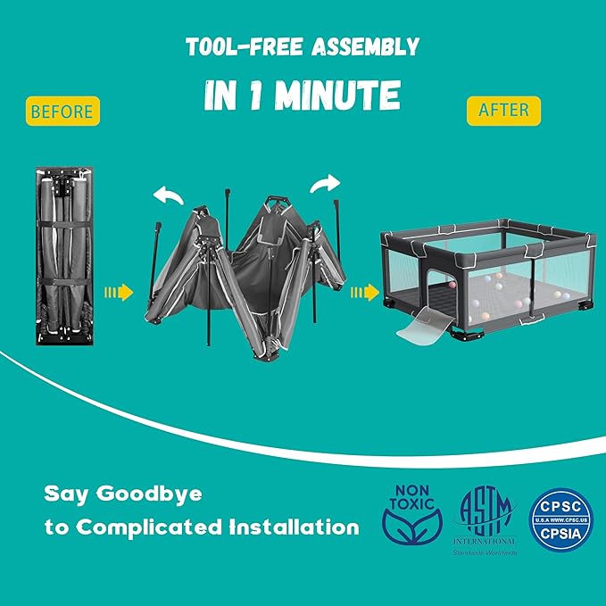 ICAREWAY Foldable Playpen for Babies and Toddlers, 59x71 Inches Portable Playpen, Kids Collapsible Play Pen with 2 Handlers, Indoor & Outdoor Baby Fence Play Area with Visible Mesh, Dark Gray