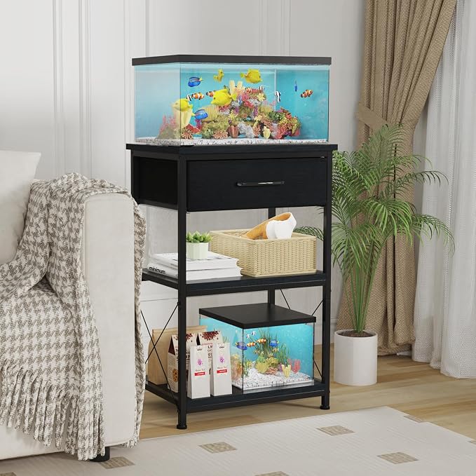 5-10 Gallon Fish Tank Stand with Adjustable Height and Drawer, Black | Heavy duty metal frame holds up to 220 pounds with a lower shelf for a second aquarium, turtle tank or reptile terrarium