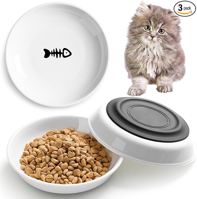 Cat Food Bowls, Whisker Friendly Ceramic Cats Bowls with Nonslip Silicone Base, Pack of 3 Quiet Dishes and Plates for Feeding Indoor Cats, Kittens and Small Dogs(Fishbone,Deeper)