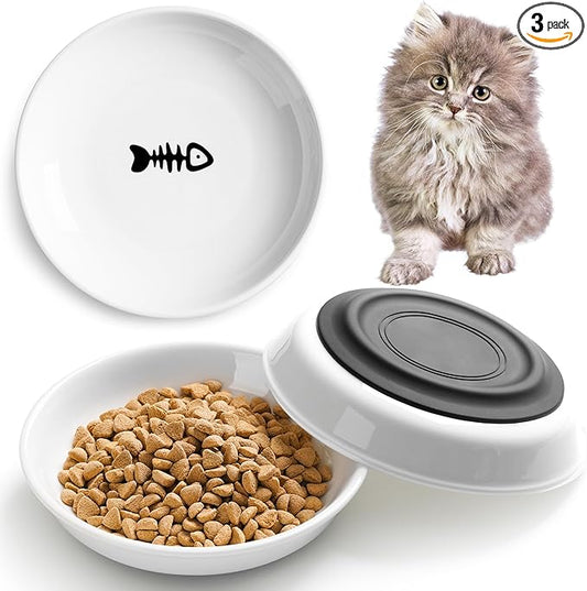 Cat Food Bowls, Whisker Friendly Ceramic Cats Bowls with Nonslip Silicone Base, Pack of 3 Quiet Dishes and Plates for Feeding Indoor Cats, Kittens and Small Dogs(Fishbone,Deeper)