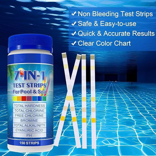 Pool Test Strips 7-in-1 (150Pcs)| Hot Tub Test Strips for Swimming Pool & Spa | Pool Water Testing Kit for Chlorine, Bromine, Ph, Hardness, More - All in 1 Swimming Pool Test Strips