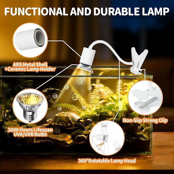 GOZILLA Reptile Heat Lamp, Turtle Lamp with 360° Goose Neck Rotatable Timing & Dimming Cycle Timer, 25W+50W UVA/UVB Reptile Light Bulbs for Reptiles and Amphibian Tanks, Terrariums and Cages.(White)