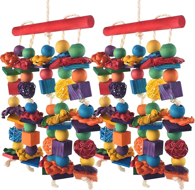 DBNESS Bird Toys, 2PCS Parrot Foraging Hanging Toy, Multicolored Natural Wooden Blocks Parakeet Chewing Toys mit Rattan Wicker Balls, for Medium Small Cockatoos Budgie Lovebird Cockatiel Conure