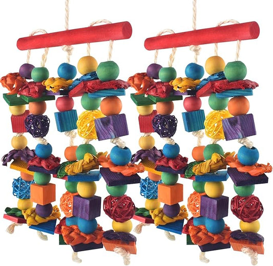 DBNESS Bird Toys, 2PCS Parrot Foraging Hanging Toy, Multicolored Natural Wooden Blocks Parakeet Chewing Toys mit Rattan Wicker Balls, for Medium Small Cockatoos Budgie Lovebird Cockatiel Conure