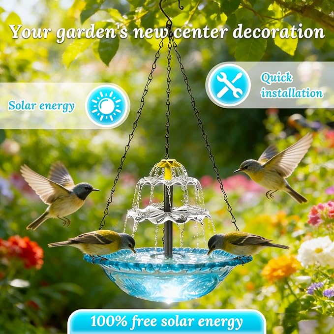 Hanging Solar Bird Bath Fountain - 3 Layers Outdoor Hanging Bird Bath with Solar Fountain, Hanging Bird Bath with Flowing Water for Outdoors Patio Backyard Lawn Garden Decor (Blue)