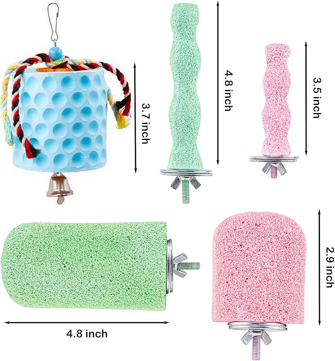 5 Pcs Bird Beak Grinding Calcium Stone, Parrot Cage Perch Stand Platform, Parrot Teething Stone Toy & Foot Claws Trimmer, Bird Chewing Toy for Macaws Parakeets Finches Cockatiel Hamster Rabbit Poultry