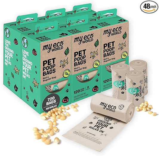 MyEcoWorld® Compostable Pet Poop Bags - Made with Corn and Other Certified Compostable Materials - 720 Bags - 48 Roll - Extra Strong - Leak Proof - Unscented - Easy to Open