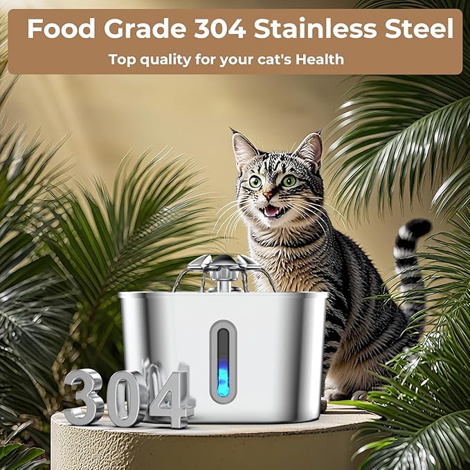 Cat Water Fountain Stainless Steel with 4 Filters & 4 Sponges, 74oz/2.2L Automatic Pet Drinking Fountain, Indoor Water Dispenser for Cats, Kittens, Small Dogs and Pets, Quiet Circulating Pet Fountain