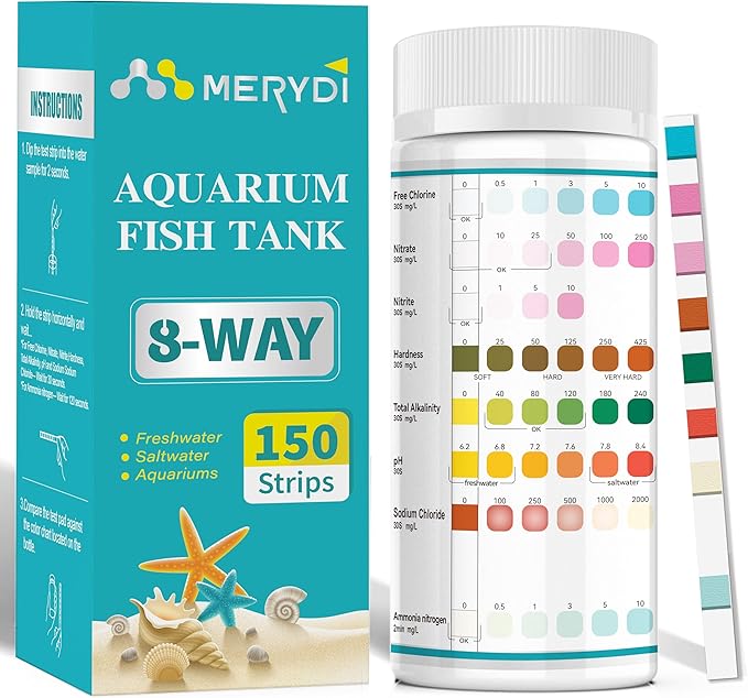 Aquarium Test Strips 8 In 1, 150ct Aquarium Ammonia Test Strips for Saltwater Freshwater Aquariums,Pond Fish Tanks, Aquarium Test Kit-Test pH, Alkalinity,Nitrate,Ammonia and More
