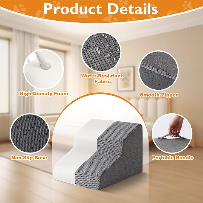 Dog Stairs for Small Dogs 11.5’’ H, 2-Step Dog Steps for Bed, Pet Stairs and Ramp for Dogs and Cats to Get on Beds, Couch, Non-Slip Balanced Pet Steps with Waterproof Cover, Grey