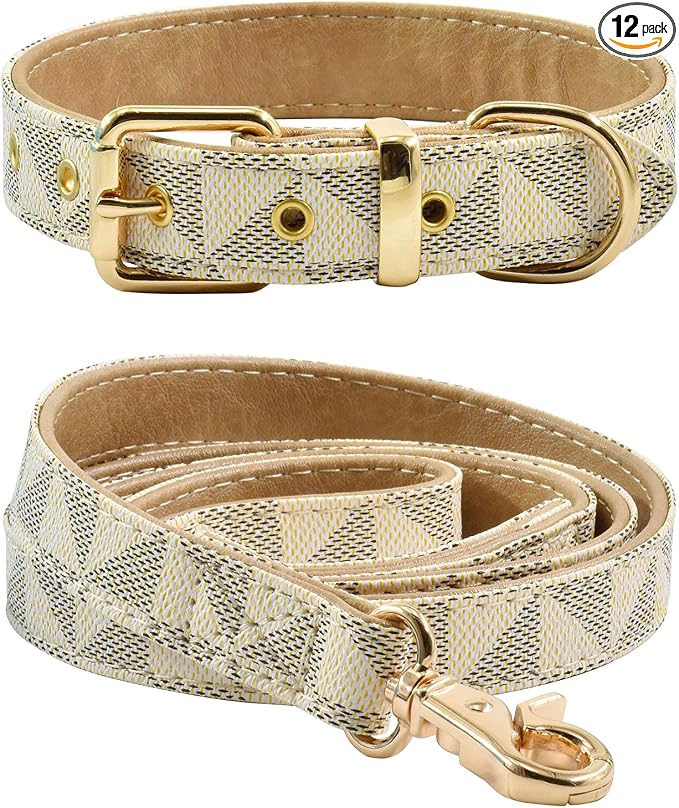 Leather Dog Collar and Leash Set, Check Pattern Dog Collar Leashes Metal Buckle Adjustable Durable for Small Medium Large Dogs (White, XL(18-22IN))