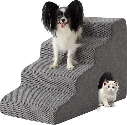 Dog Stairs for Bed 19.5’’ H, 4-Step Dog Steps for High Bed, Pet Stairs for Small Dogs and Cats to Get on Beds, Couch, Non-Slip Balanced Pet Steps and Ramp with Waterproof Cover and Tunnel, Grey