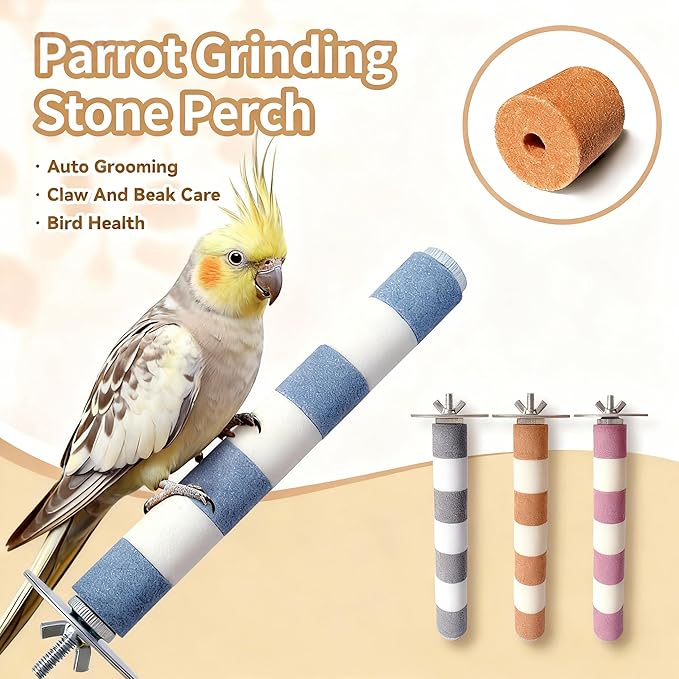 AOTU Bird Perch for Cage, Bird Cage Accessory Natural Sandstone 7.9” x 1” – Durable Beak & Claw Trimming Grinding Stone for Parrot, Conure, Cockatiel, Non-Toxic
