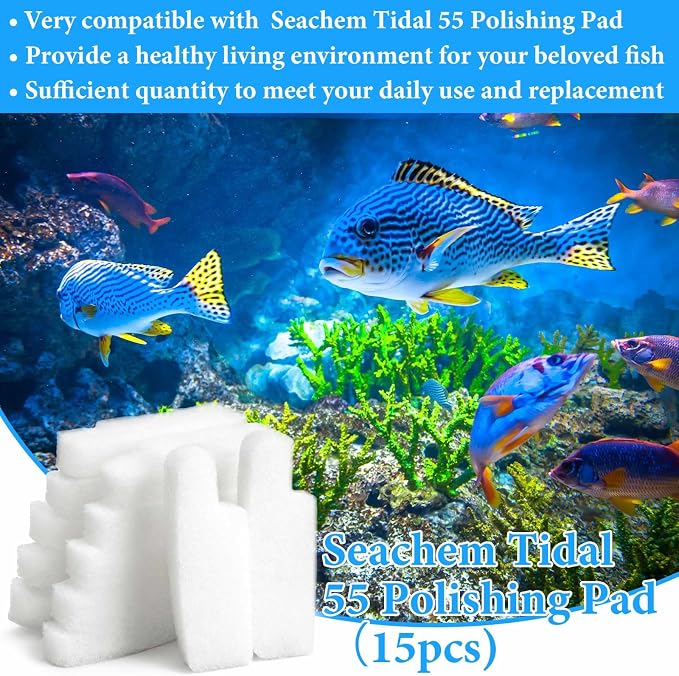 Threlaco 15 Pcs Aquarium Sponge Foam Filter Pads Compatible with Seachem Tidal Replacement Polishing Pad Fish Tank Filter Floss, Media for Crystal Clear Water(Compatible with Seachem Tidal 55,White)