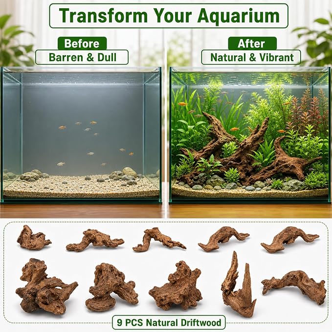 9PCS Driftwood for Aquarium, Aquarium Driftwood, Driftwood for Fishtank Natural Piece for Fish Tank Decoration