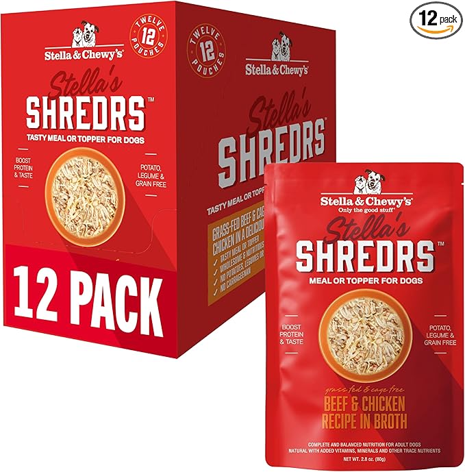 Stella & Chewy's Grass Fed Beef & Chicken Shredrs - Premium Dog Food Pouches - Perfect For Picky Eaters - 12 Pack, 2.8oz Each