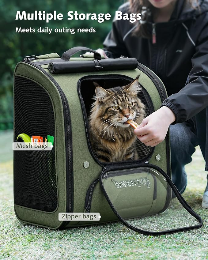 Pecute Cat Backpack Carrier XL, Large Space Cat Bubble Backpack, Breathable Cat Carrier, Shaded Dog Backpack Carrier, Ergonomic 3D Design for Travel, Hiking, Suitable for Shopping, and Vet, Green