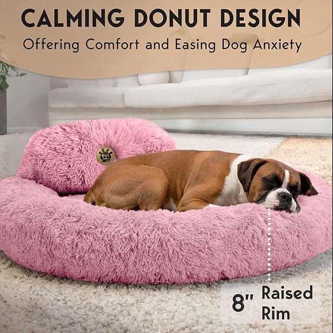 PetJett XL Dog Beds for Large Sized Dog - 45'' Extra Large Dog Bed, Anti-Slip & Washable Super Soft Round Donut Bed, Fluffy Faux Fur Anti-Anxiety Premium Comfort Pet Bed, Fits Dogs up to 120 lbs