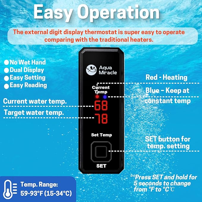 AquaMiracle Upgraded 100W Small Aquarium Heater Fish Tank Heater Turtle Heater Super Mini Aquarium Heater, Dry-Run/Overheating Protection and Memory Function, Dual LED Display, for 10-20 Gal Tanks
