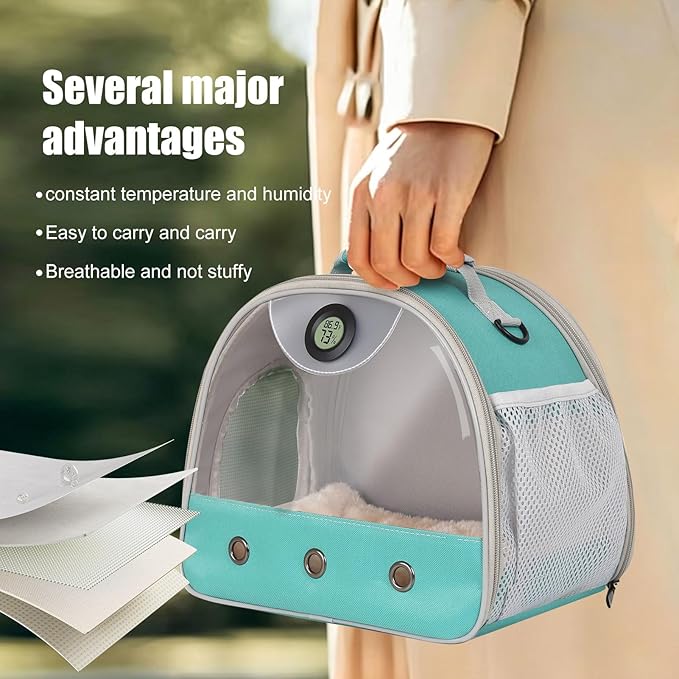 Bearded Dragon Carrier, Reptile Travel Bag with Built-in Thermometer Hygrometer, Breathable Small Animal Carrier with Clear View Window, Portable Guinea Pig Carrier for Gecko, Snake, Hamster